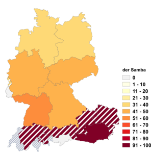 Relative Auftretenshäufigkeit von der Samba innerhalb der einzelnen Areale im Verhältnis zu die Samba (in %)