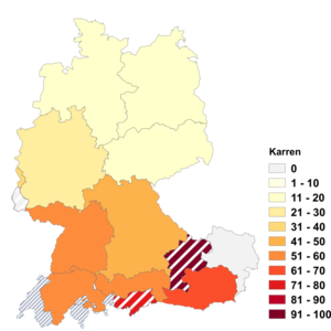 Relative Auftretenshäufigkeit von Karren innerhalb der einzelnen Areale im Verhältnis zu Karre (in %)