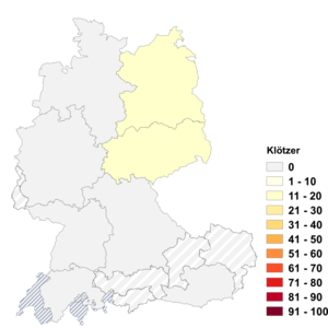 Relative Auftretenshäufigkeit von Klötzer innerhalb der einzelnen Areale im Verhältnis zu Klötze (in %)