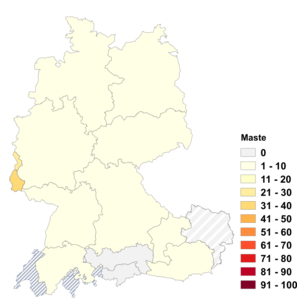 Relative Auftretenshäufigkeit von Maste innerhalb der einzelnen Areale im Verhältnis zu Masten (in %)
