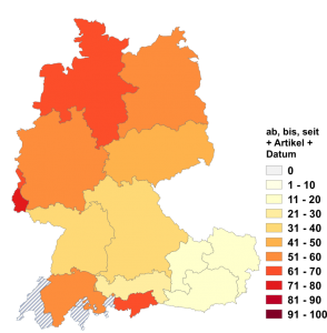 Relative Auftretenshäufigkeit von ab, bis, seit am / dem / zum + Datum innerhalb der einzelnen Areale im Verhältnis zu ab, bis, seit + Datum (in %)