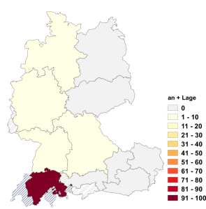 Relative Auftretenshäufigkeit von an + Lage innerhalb der einzelnen Areale im Verhältnis zu in + Lage (in %)