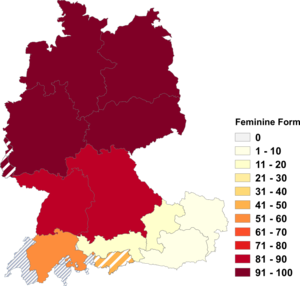 Relative Auftretenshäufigkeit der femininen Form innerhalb der einzelnen Areale im Verhältnis zur maskulinen Form auf -er (in %)