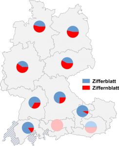 Relative Auftretenshäufigkeit von Zifferblatt / Ziffernblatt innerhalb der einzelnen Areale