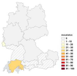 Relative Auftretenshäufigkeit von Annullation innerhalb der einzelnen Areale im Verhältnis zu Annullierung (in %)