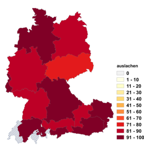Relative Auftretenshäufigkeit von auslachen innerhalb der einzelnen Areale im Verhältnis zu verlachen (in %)