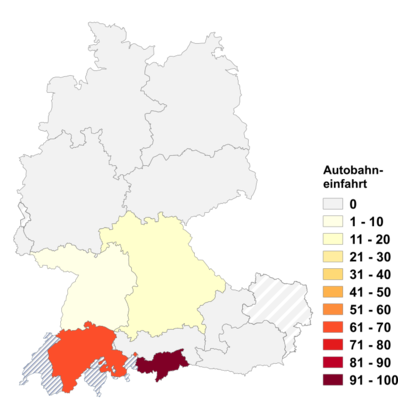 Relative Auftretenshäufigkeit von Autobahneinfahrt innerhalb der einzelnen Areale im Verhältnis zu Autobahnauffahrt und Autobahnzufahrt (in %)
