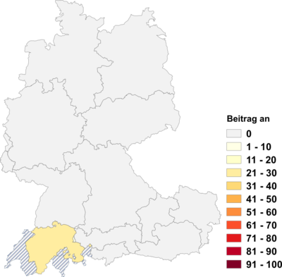Relative Auftretenshäufigkeit von Beitrag an innerhalb der einzelnen Areale im Verhältnis zu Beitrag für und Beitrag zu (in %)