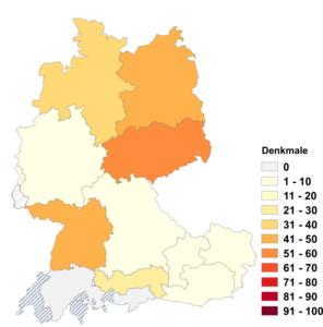 Relative Auftretenshäufigkeit von Denkmale innerhalb der einzelnen Areale im Verhältnis zu Denkmäler (in %)