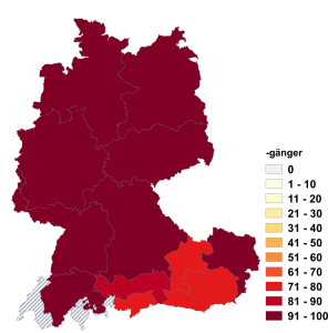 Relative Auftretenshäufigkeit von -gänger innerhalb der einzelnen Areale im Verhältnis zu -geher (in %)