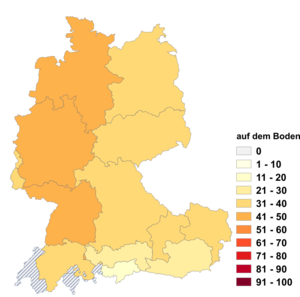 Relative Auftretenshäufigkeit von auf dem Boden innerhalb der einzelnen Areale im Verhältnis zu am Boden (in %)