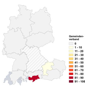 Relative Auftretenshäufigkeit von Gemeindenverband innerhalb der einzelnen Areale im Verhältnis zu Gemeindeverband (in %)