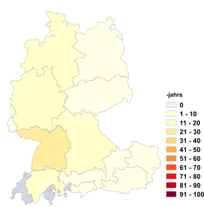 Relative Auftretenshäufigkeit von -jahrs innerhalb der einzelnen Areale im Verhältnis zu -jahres (in %)
