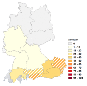 Relative Auftretenshäufigkeit von abnützen innerhalb der einzelnen Areale im Verhältnis zu abnutzen (in %)