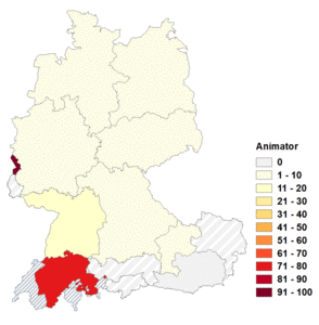 Relative Auftretenshäufigkeit von Animator innerhalb der einzelnen Areale im Verhältnis zu Animateur (in %)