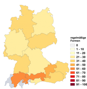 Relative Auftretenshäufigkeit von regelmäßigen Formen innerhalb der einzelnen Areale im Verhältnis zu unregelmäßigen Formen (in %)