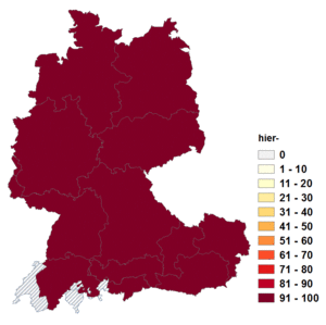 Relative Auftretenshäufigkeit von hier- innerhalb der einzelnen Areale im Verhältnis zu hie- (in %)