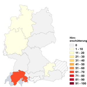 Relative Auftretenshäufigkeit von Hirnerschütterung innerhalb der einzelnen Areale im Verhältnis zu Gehirnerschütterung (in %)