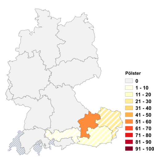 Relative Auftretenshäufigkeit von Pölster innerhalb der einzelnen Areale im Verhältnis zum Gesamtvorkommen in allen Arealen (in %)