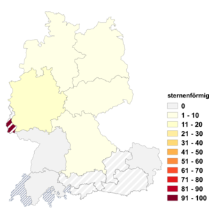 Relative Auftretenshäufigkeit von sternenförmig innerhalb der einzelnen Areale im Verhältnis zu sternförmig (in %)