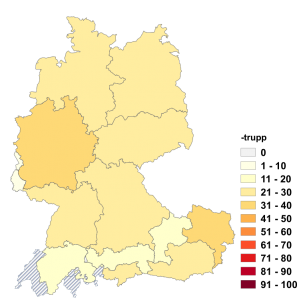 Relative Auftretenshäufigkeit von -trupp innerhalb der einzelnen Areale im Verhältnis zu -truppe (in %)