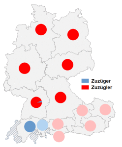Relative Auftretenshäufigkeit von Zuzüger / Zuzügler innerhalb der einzelnen Areale