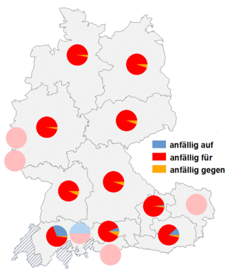 Relative Auftretenshäufigkeit von anfällig auf / anfällig für / anfällig gegen innerhalb der einzelnen Areale