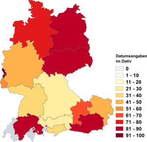 Relative Auftretenshäufigkeit von Datumsangaben nach am, vom, zum im Dativ innerhalb der einzelnen Areale im Verhältnis zu Datumsangaben nach am, vom, zum im Akkusativ (in %)