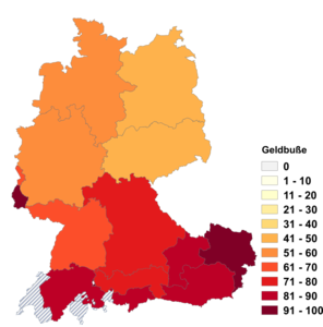 Relative Auftretenshäufigkeit von Geldbuße innerhalb der einzelnen Areale im Verhältnis zu Bußgeld (in %)