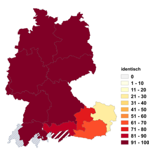 Relative Auftretenshäufigkeit von identisch innerhalb der einzelnen Areale im Verhältnis zu ident (in %)