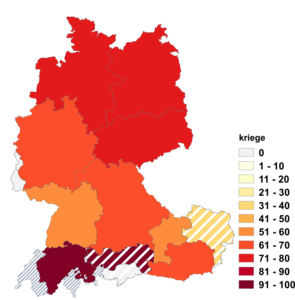 Relative Auftretenshäufigkeit von kriege innerhalb der einzelnen Areale im Verhältnis zu krieg(') (in %)