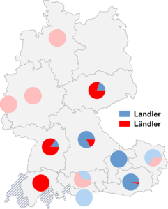 Relative Auftretenshäufigkeit von Landler / Ländler innerhalb der einzelnen Areale