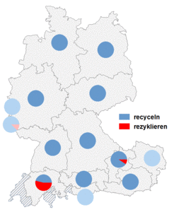Relative Auftretenshäufigkeit von recyceln / rezyklieren innerhalb der einzelnen Areale