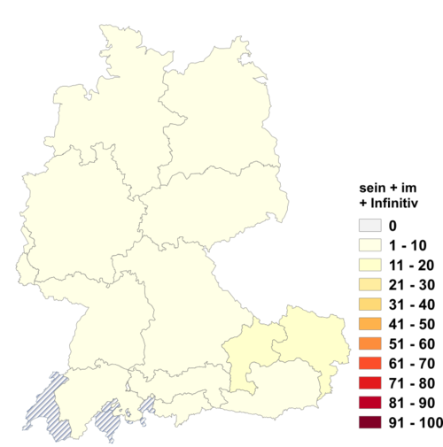 Relative Auftretenshäufigkeit von sein + im + Infinitiv innerhalb der einzelnen Areale im Verhältnis zum Gesamtvorkommen in allen Arealen (in %)