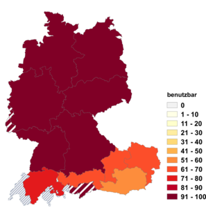 Relative Auftretenshäufigkeit von benutzbar innerhalb der einzelnen Areale im Verhältnis zu benützbar (in %)