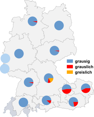 Relative Auftretenshäufigkeit von grausig / grauslich / greislich innerhalb der einzelnen Areale