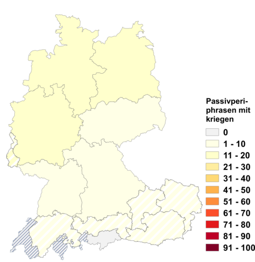 Relative Auftretenshäufigkeit von Passivperiphrasen mit kriegen innerhalb der einzelnen Areale im Verhältnis zum Gesamtvorkommen in allen Arealen (in %)