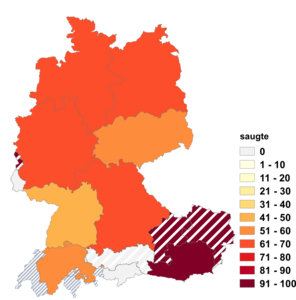 Relative Auftretenshäufigkeit von saugte innerhalb der einzelnen Areale im Verhältnis zu sog (in %)