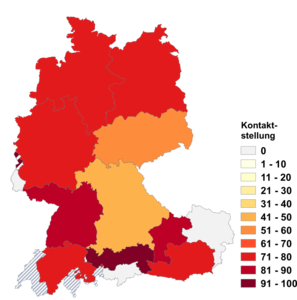 Relative Auftretenshäufigkeit von Kontaktstellung innerhalb der einzelnen Areale im Verhältnis zu Distanzstellung (in %)