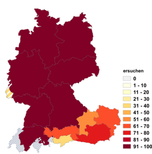 Relative Auftretenshäufigkeit von ersuchen innerhalb der einzelnen Areale im Verhältnis zu ansuchen (in %)