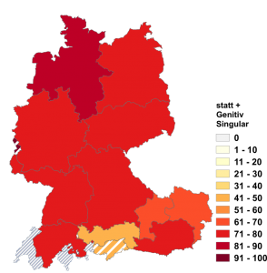 Relative Auftretenshäufigkeit von statt + Genitiv Singular innerhalb der einzelnen Areale im Verhältnis zu statt + Dativ Singular (in %)