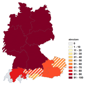 Relative Auftretenshäufigkeit von abnutzen innerhalb der einzelnen Areale im Verhältnis zu abnützen (in %)