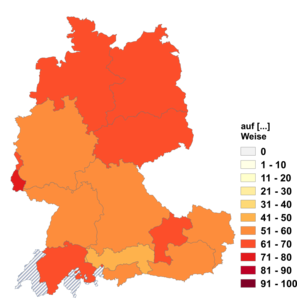 Relative Auftretenshäufigkeit von auf [...] Weise innerhalb der einzelnen Areale im Verhältnis zu in [...] Weise (in %)