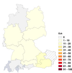 Relative Auftretenshäufigkeit von Eck innerhalb der einzelnen Areale im Verhältnis zu Ecke (in %)