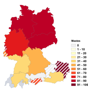 Relative Auftretenshäufigkeit von Mastes innerhalb der einzelnen Areale im Verhältnis zu Masten, Mastens und Masts (in %)