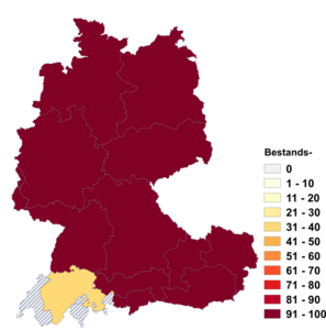 Relative Auftretenshäufigkeit von Bestands- innerhalb der einzelnen Areale im Verhältnis zu Bestandes- (in %)