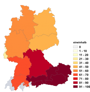 Relative Auftretenshäufigkeit von eineinhalb innerhalb der einzelnen Areale im Verhältnis zu anderthalb (in %)