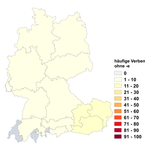 Relative Auftretenshäufigkeit von häufigen Verben ohne -e innerhalb der einzelnen Areale im Verhältnis zum Gesamtvorkommen in allen Arealen (in %)