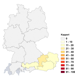 Relative Auftretenshäufigkeit von Kapperl innerhalb der einzelnen Areale im Verhältnis zu Kappe (in %)