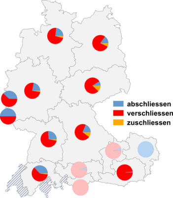Relative Auftretenshäufigkeit von abschliessen / verschliessen / zuschliessen innerhalb der einzelnen Areale